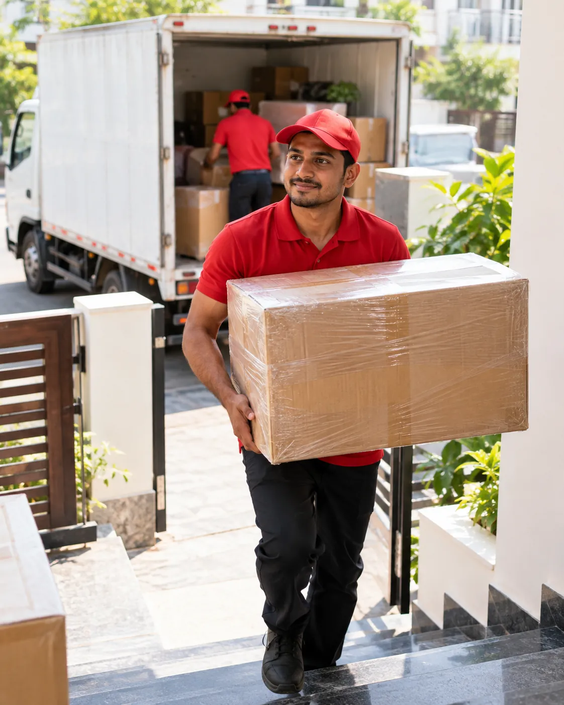 Shree Hari packers carrying a wrapped box